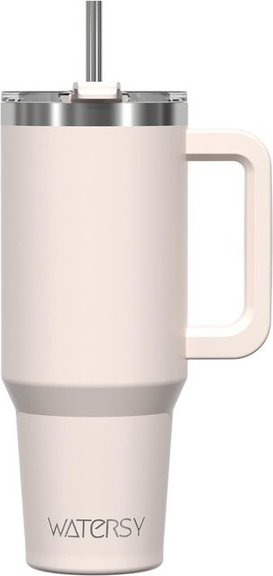 Watersy Isolierbecher aus Edelstahl mit Henkel und Strohhalmdeckel, 1200 ml, Weiß - Bild 1