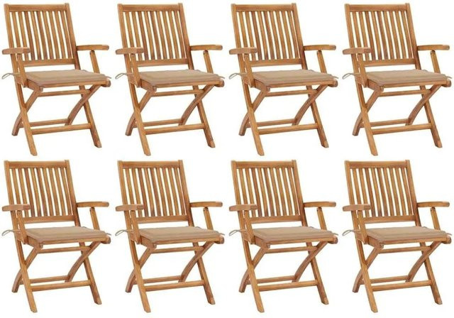 Set aus 8 klappbaren vidaXL Gartenstühlen aus Teakholz mit Kissen in Braun und Beige - Bild 1