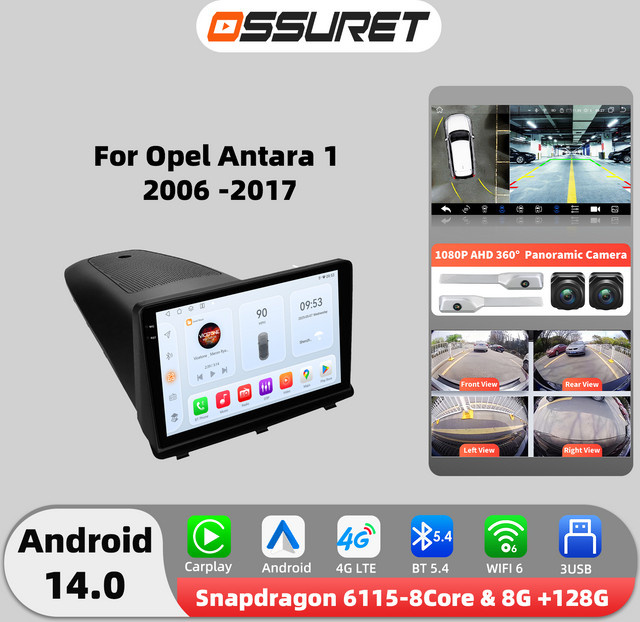OSSURET 4G AI Carplay Android Auto Autoradio mit GPS-Navigation und 8-Kern-Prozessor für Opel Antara 1 (2006-2017), Schwarz, 10,33 Zoll - Bild 1
