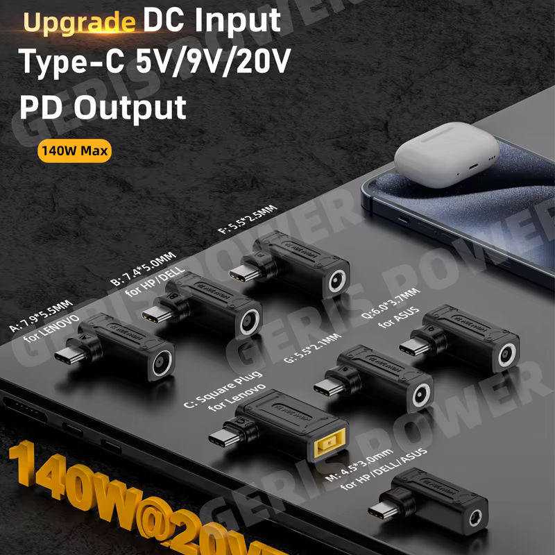Geris Power PD 140 W DC zu USB-C Konverter in Schwarz mit verschiedenen Barrel-Steckertypen für Laptop und Telefon - Bild 6