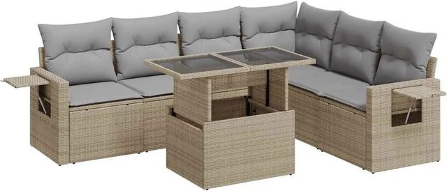 vidaXL 7-teilige Garten-Sofagarnitur in L-Form aus Poly-Rattan in Beige-Grau mit Kissen und Armlehnen - Bild 1