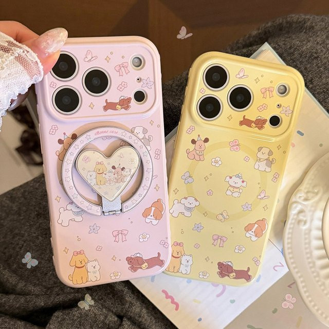 Stoßfeste Apple iPhone Handyhülle mit Koreanischem Cartoon-Welpen-Design und Herz-Magnetständer in Gelb für iPhone 17 16 15 14 13 Pro Max - Bild 1