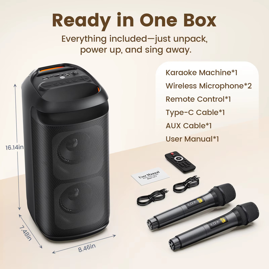 FanFun T37 Karaoke-Maschine in Schwarz mit 2 kabellosen Mikrofonen und Dual-8-Zoll-Subwoofern, tragbare Bluetooth Karaoke-Boombox - Bild 4