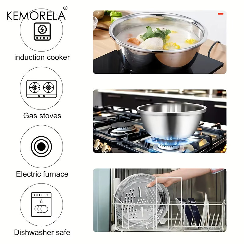 KEMORELA 4-in-1 Edelstahl Küchen-Multifunktionsbehälter mit Deckel, luftdichter Reiswascher, Abtropfsieb und Reibe, Silber, rund - Bild 4