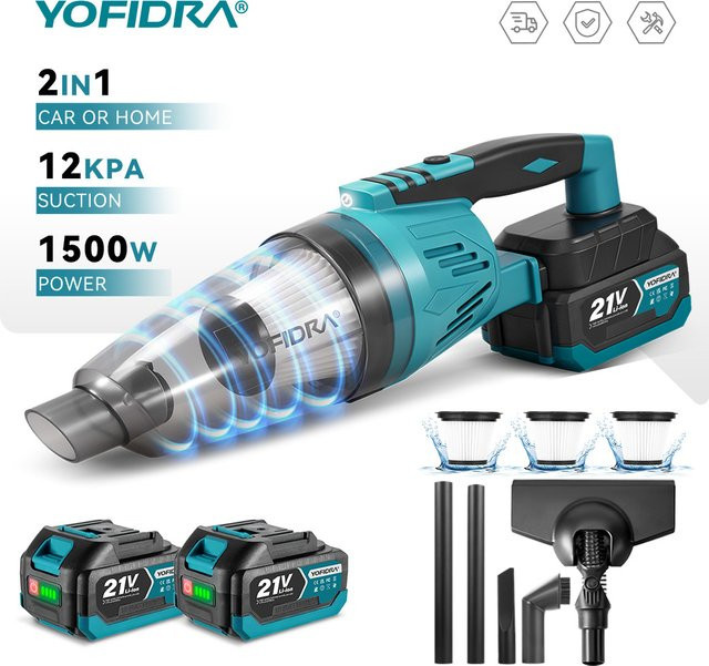 Yofidra Elektrischer Kabelloser Akku-Staubsauger 1500W mit 12KPa Saugkraft in Türkis für Zuhause, Auto und Tierhaare, kompatibel mit Makita 18-21V Akku - Bild 1