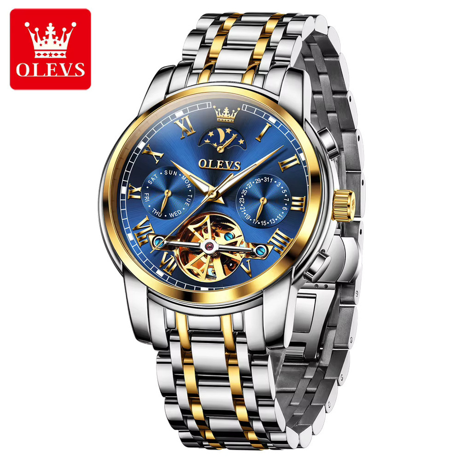 OLEVS Armbanduhr Automatik, Edelstahl, Blau, Herren, Mondphase, Datum - Bild 2