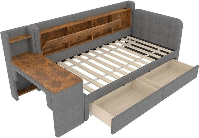 KOMHTOM Wandelbare Chaiselongue in Grau mit 2 Schubladen, Schreibtisch und ausklappbarem Staufach, B/T/H: 90 x 200 x 79 cm - Bild 1