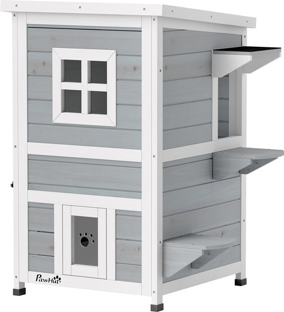 PawHut Katzenhaus aus Holz in Hellgrau mit 2 Etagen, wetterfestes Katzenhaus für den Garten oder Balkon, B/T/H: 51 x 51 x 81,3 cm, Marke Aosom - Bild 1