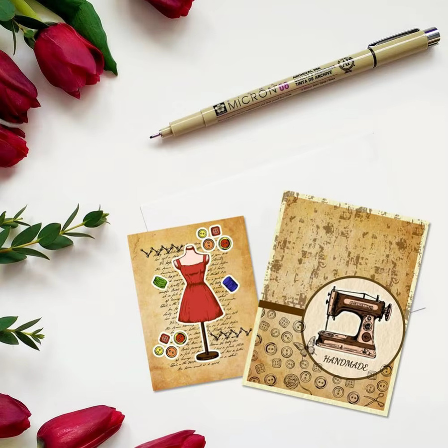 Transparente Silikonstempel im Vintage-Nähtext-Design mit Schaufensterpuppe und Nähmaschine für Karten und Siegel - Bild 2