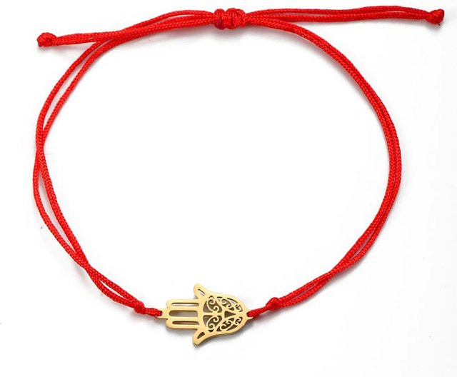 Armband Edelstahl, Gold, Hamsa Hand der Fatima, Rotes Schwarzes Seil, Unisex, 17-22cm - Bild 1