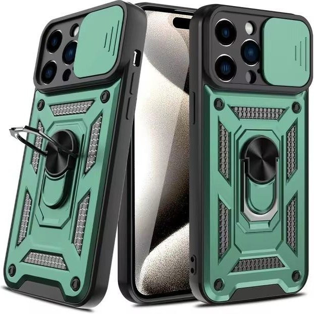 Magnetische Schiebekamera Handyhülle mit Ringhalter für Apple iPhone 11 bis 16 Pro Max Plus Mini in Weiß - Bild 1