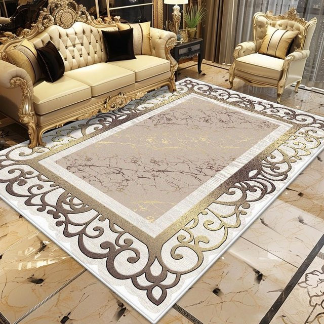 Karpetti Luxusteppich in Gold und Beige, weicher Teppich mit Streifenmuster für Wohnzimmer und Schlafzimmer, rutschfest und waschbar, B/T: 80 x 160 cm - Bild 1