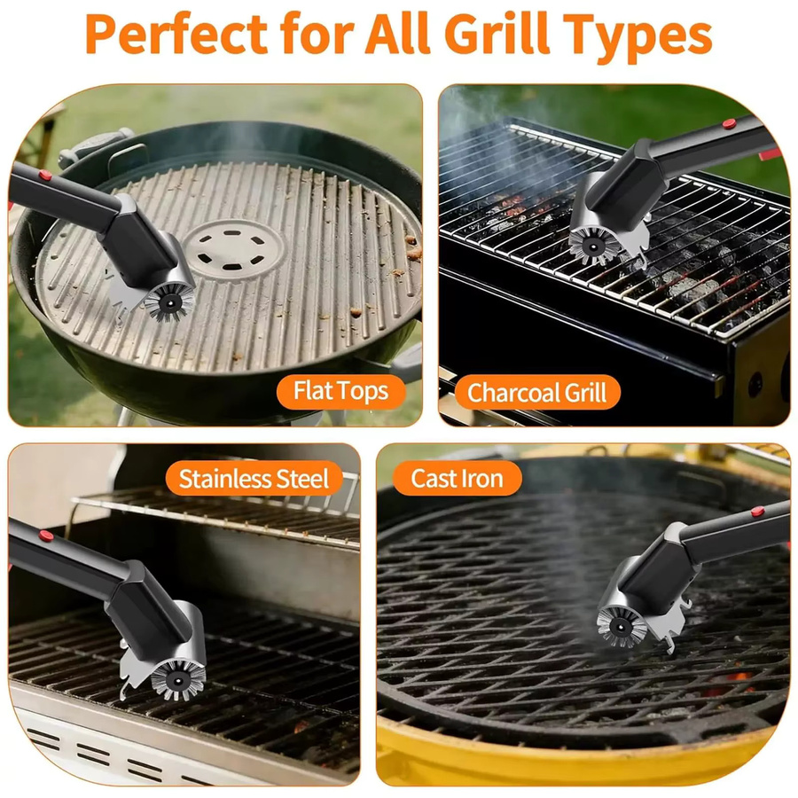 TINSOL Elektrische Sprühreinigungsbürste für Grill in Schwarz und Silber mit Edelstahl-Drahtbürste und harten Borsten als Doppelrad-Küchenreinigungswerkzeug - Bild 4
