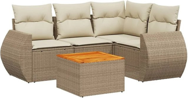 vidaXL 5-tlg. Garten-Sofagarnitur in L-Form aus Poly-Rattan und pulverbeschichtetem Stahl mit Kissen in Beige-Creme - Bild 1