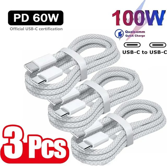 3er-Set USB-C auf USB-C Schnellladekabel mit 100W Leistung in Weiß für iPhone 16 15, Samsung, Xiaomi und Huawei - Bild 1
