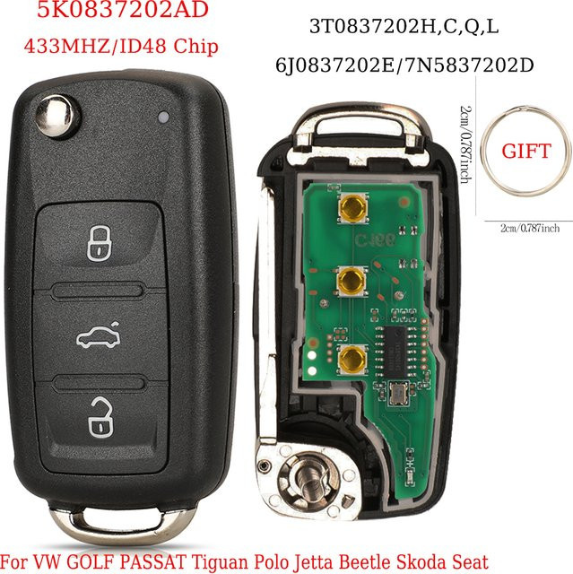 jingyuqin Fernbedienung Klappschlüssel 434 MHz ID48 Chip für VW Volkswagen Golf Passat Tiguan Polo Jetta Beetle und Skoda Seat in Schwarz - Bild 1