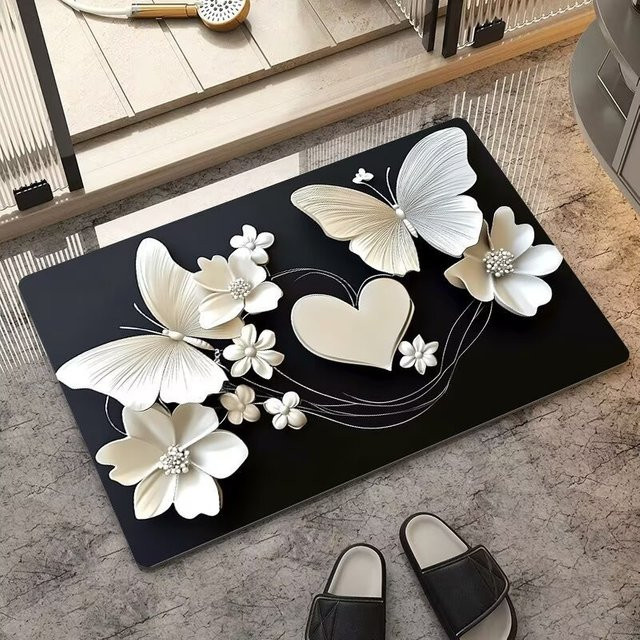 VIKAMA Minimalistische Bodenmatte mit Schmetterlings-Design, schwarz, rutschfest und schnelltrocknend - Bild 1