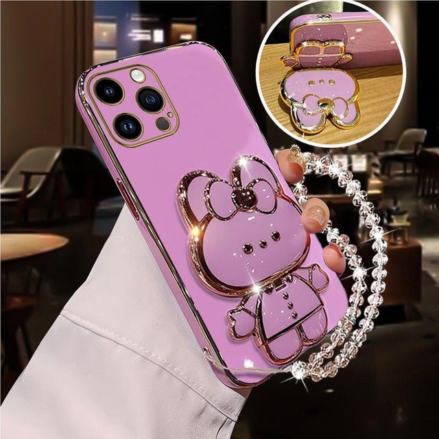 Diamant-Armband-Spiegel-Kaninchen Handyhalterung mit Standfunktion für Apple iPhone in Schwarz oder Pink - Bild 1
