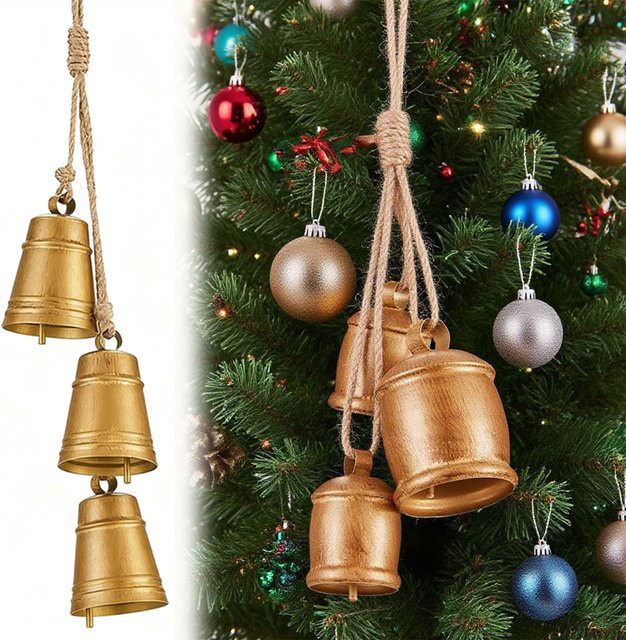 Handgefertigte Vintage Weihnachtsglocken aus Metall in Gold als rustikale Dekoration mit Seil zum Aufhängen - Bild 1