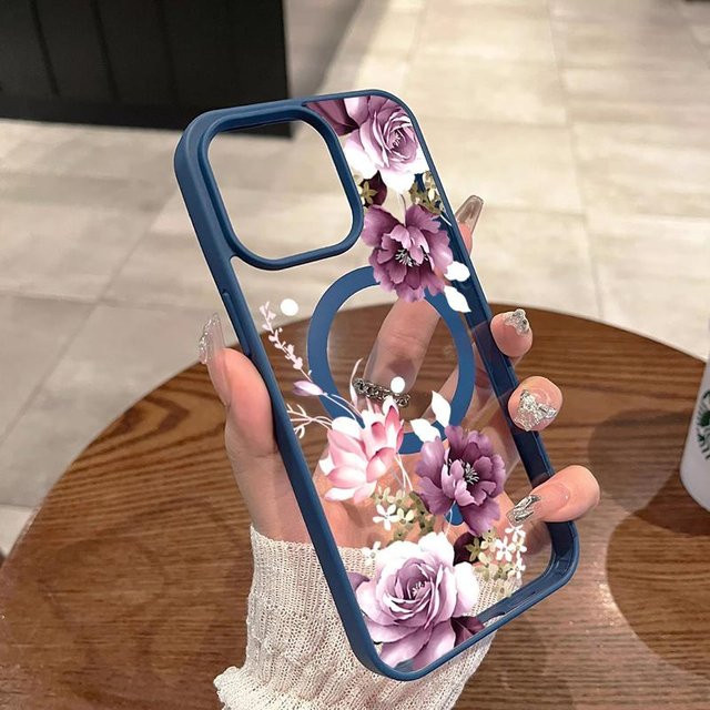 Magnetische iPhone Handyhülle mit Lavendel Rosa Blumendruck für iPhone 17 16 15 14 13 12 Pro Max Plus Air 16E 11 in Grau und Pink - Bild 1