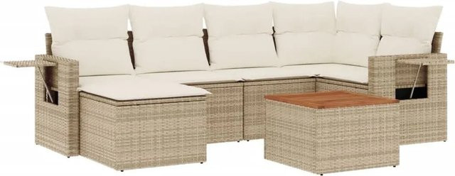 vidaXL 7-teilige Garten-Sofagarnitur aus Polyrattan in L-Form mit Kissen, Beige - Bild 1
