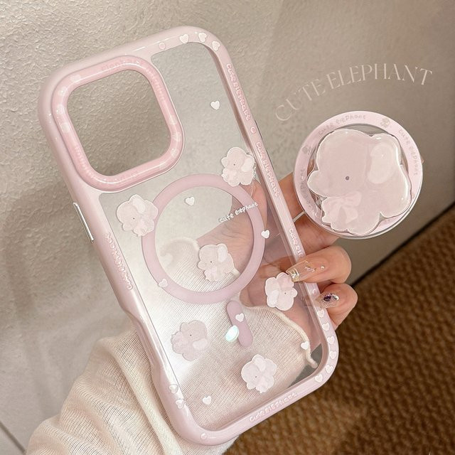 Magnetische Acryl-Handyhülle mit süßem Cartoon-Elefant für Apple iPhone 11 bis 16 Pro Max, stoßfeste Hartschale, transparent/pink - Bild 1