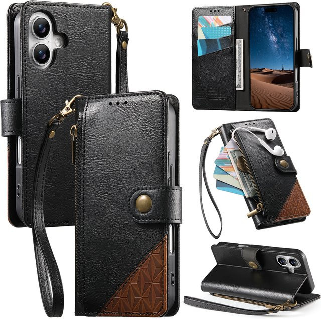 Leder Handyhülle mit Handgelenk-Gurt und Kartenfächern für Apple iPhone 16 Plus, 15, 14, 13, 12 Pro Max in Schwarz oder Grau - Bild 1