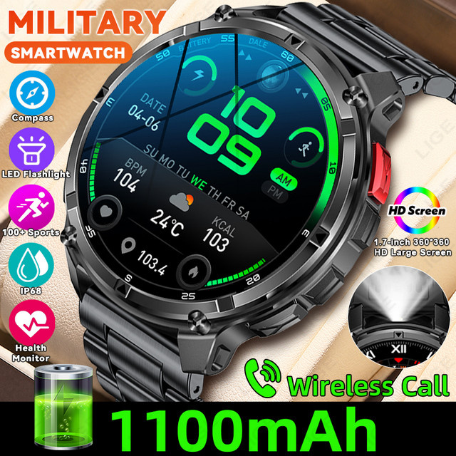 LIGE Smartwatch für Herren mit 1,7 Zoll HD-Display, 1100 mAh Akku, Kompass, LED-Licht, Sprachassistent und Bluetooth-Telefonie in Schwarz oder Blau - Bild 1