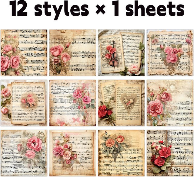 12 Stück Vintage Melody Bastelpapier mit Musikblatt-Design für Valentinstag und DIY-Geschenke, Mehrfarbig - Bild 1