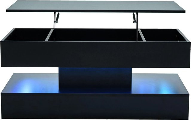 Merax Couchtisch in Schwarz mit LED-Beleuchtung, höhenverstellbar durch Hydraulik-Mechanismus und Stauraum, moderner Wohnzimmertisch aus MDF-Laminat - Bild 1