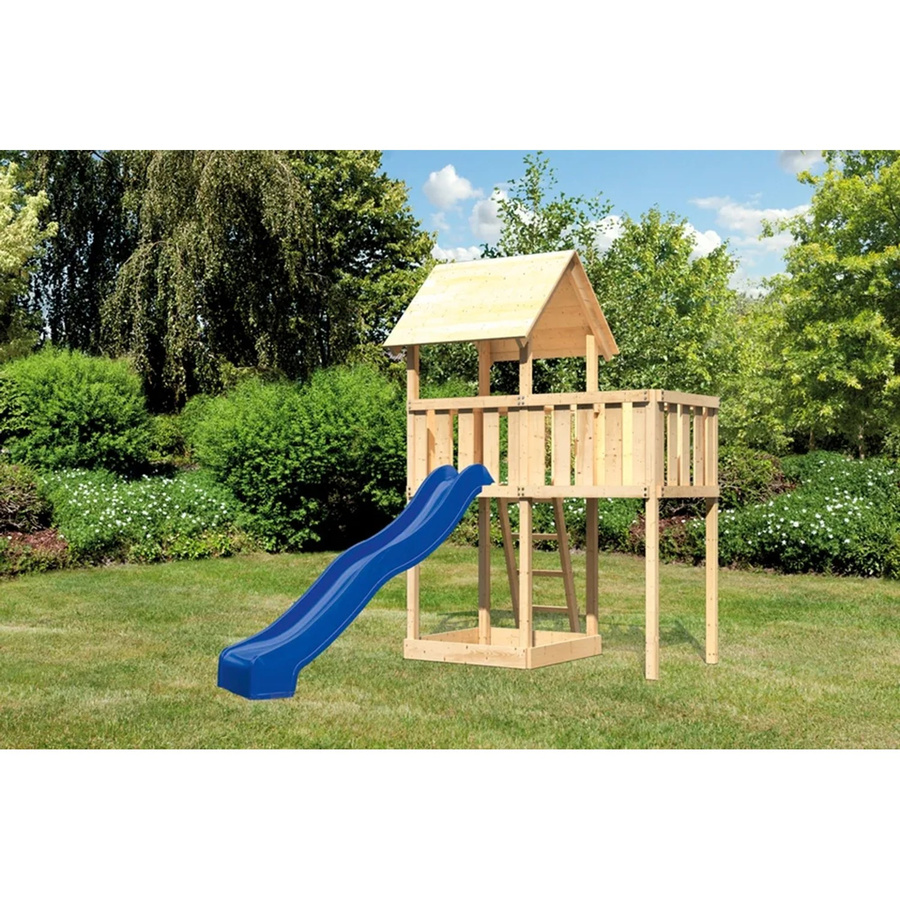 Karibu Spielturm Lotti mit Satteldach, Anbauplattform und Rutsche in Blau - Bild 2