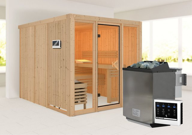 Karibu Sauna ASKJA in Braun mit 9.0 kW BioKombiofen und Steuergerät, B/T/H: 216 x 234 x 216 cm - Bild 1