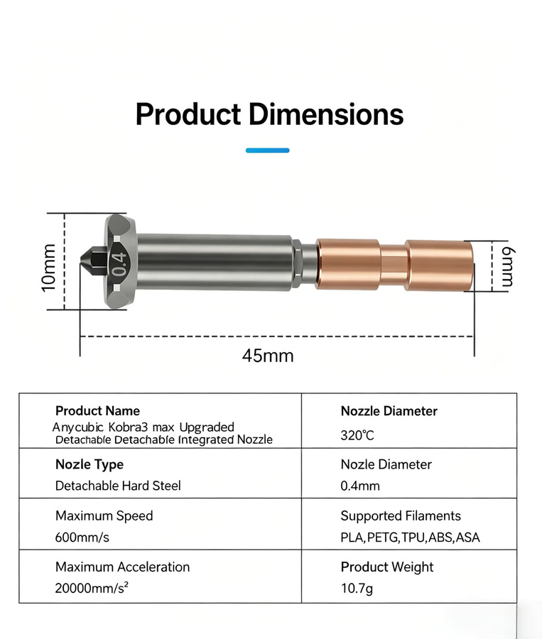 Anycubic Hotend-Kit für Anycubic Kobra 3 Max 3D-Drucker mit gehärteter Stahldüse und Kupfer-Halsrohr, abnehmbar bis 320 °C - Bild 4