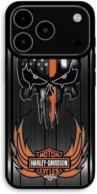MANIACASE iPhone 17 Pro Max Hülle mit Harley Davidson Totenkopf Design in Schwarz und Grau - Bild 1