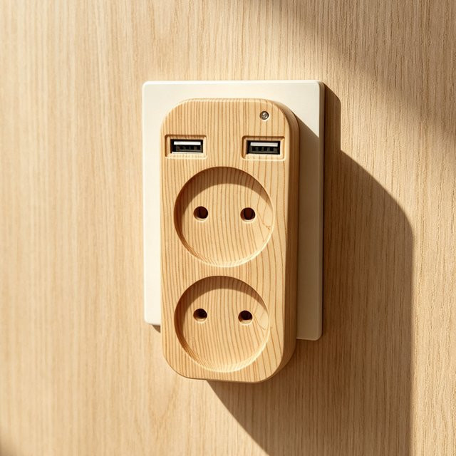 EU-Steckdosenadapter in Holzmaserung Beige mit 2 EU-Steckdosen und Dual USB-A Anschlüssen (5V 2A) - Bild 1