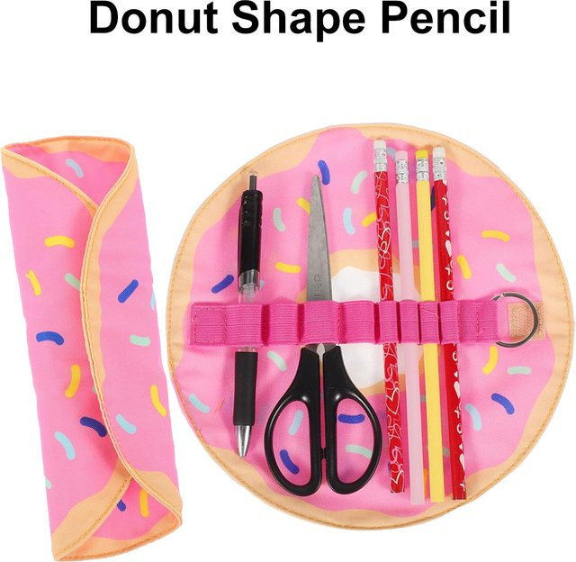 Niedriges Roll-up Stiftetui mit Donut-Muster in Pink aus Canvas für Stifte und Make-up-Pinsel - Bild 1