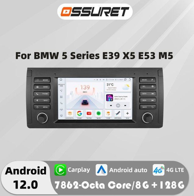 OSSURET 7 Zoll Android 12 Autoradio für BMW 5er E39, X5 E53 und M5, Multimedia-Player mit GPS, 4G und Carplay, Schwarz - Bild 1