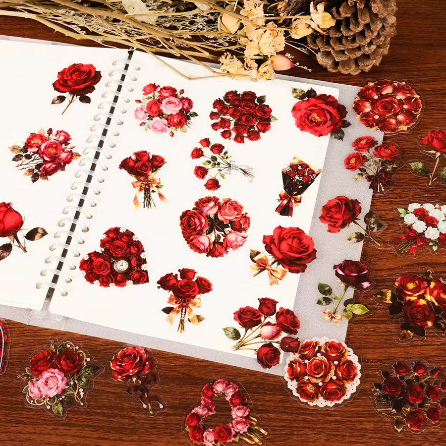 56 Stück rote Rosen-Blumen-Aufkleber aus transparentem PET in Herzform von AnimeWorlds Store - Bild 3