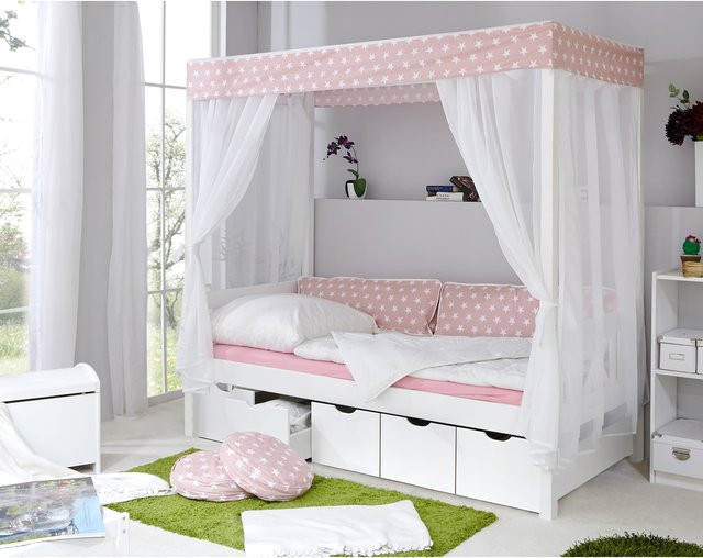 TiCAA Himmelbett aus Kiefer mit Sternen-Design in Rosa und Weiß für das Kinderzimmer - Bild 1
