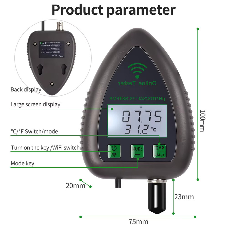 JUANJUAN 5-in-1 Digitaler Wasserqualitätsmonitor mit Tuya WiFi und Bluetooth App zur Messung von TDS, EC, Salz, S.G., Temperatur und pH-Wert in Schwarz - Bild 5