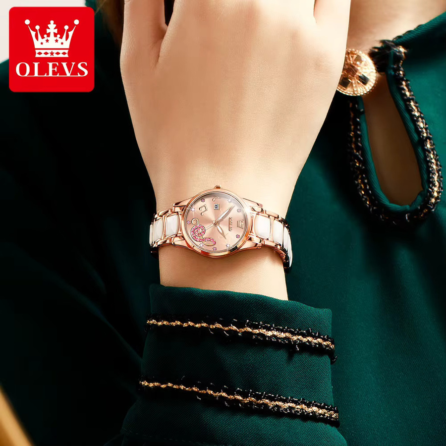 OLEVS Armbanduhr, Keramik, Quarz, Diamantbesetzt, Damen, Roségold - Bild 3