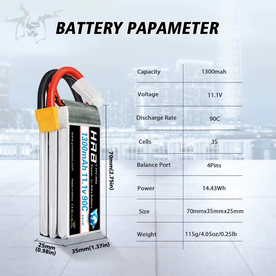 HRB POWER LiPo Batterie 11,1 V 1300 mAh 3S 90C für RC Quadcopter, Hubschrauber, Boot, Auto und Flugzeug (1/2 Pack) - Bild 2