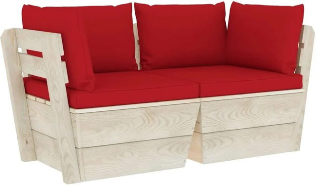 vidaXL Garten-Palettensofa L-Form aus Fichtenholz und Kiefernholz mit roten Polsterkissen - Bild 1