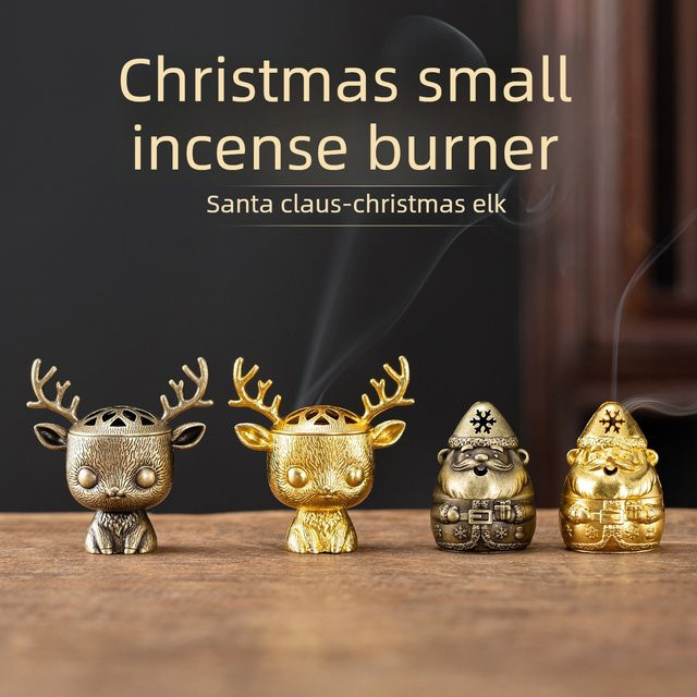 CANYAN Weihrauchbrenner mit Weihnachtsmann und Elch Ornamenten in Gold aus Holz und Metall - Bild 1
