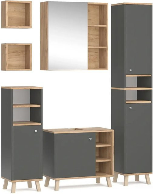 Vicco Badmöbel-Set Senyo in Anthrazit und Goldkraft Eiche, 5-teilige Badezimmer-Garnitur im skandinavischen Stil mit Hochschrank, Spiegelschrank, Waschbeckenunterschrank, Midischrank und Badregal - Bild 1