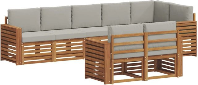 vidaXL Sofagarnitur 8-teilig L-Form aus Massivholz Akazie in Natur und Hellgrau mit Polsterung und Kissen - Bild 1