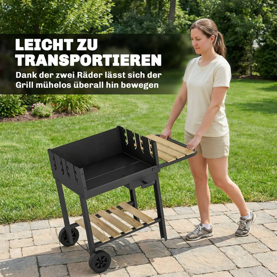 Outsunny Holzkohlegrill Grillwagen mit höhenverstellbarem Grillrost und 2 Holzablagen in Schwarz, B/H/T: 58 x 82 x 99,5 cm - Bild 2