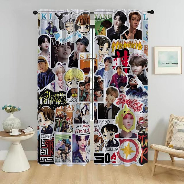 Moderne KPOP Stray Kids Tüll-Gardinen im 2er-Set, halbtransparente Vorhänge mit Grafikdesign für Wohnzimmer und Schlafzimmer, B: 74 cm, H: 114 cm - Bild 1