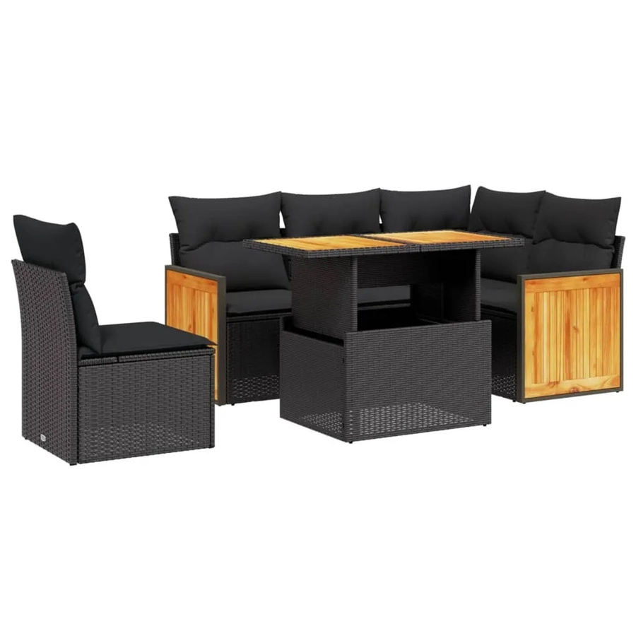 vidaXL 6-teilige Garten-Sofagarnitur in L-Form aus schwarzem Poly-Rattan mit Kissen und pulverbeschichtetem Stahlrahmen - Bild 2