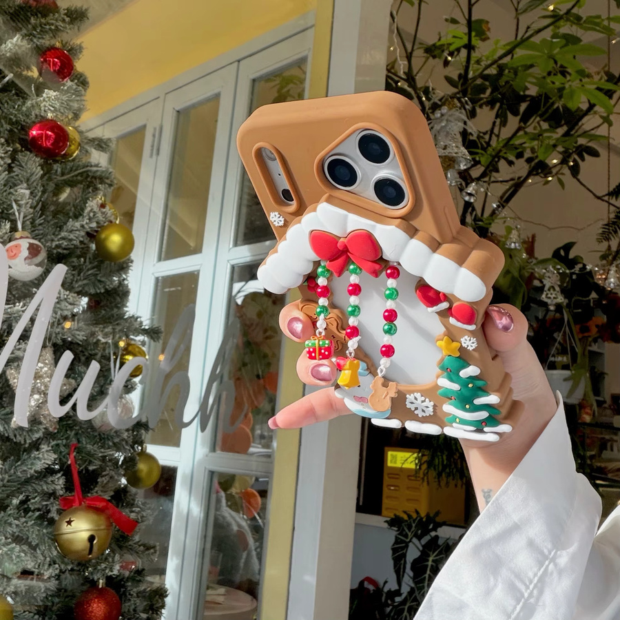Weihnachtliches 3D Soft Cover für Apple iPhone 17 16 15 14 13 Pro Max mit Lebkuchenmann Schneemann und Elch in Braun inklusive Perlen Anhänger - Bild 6